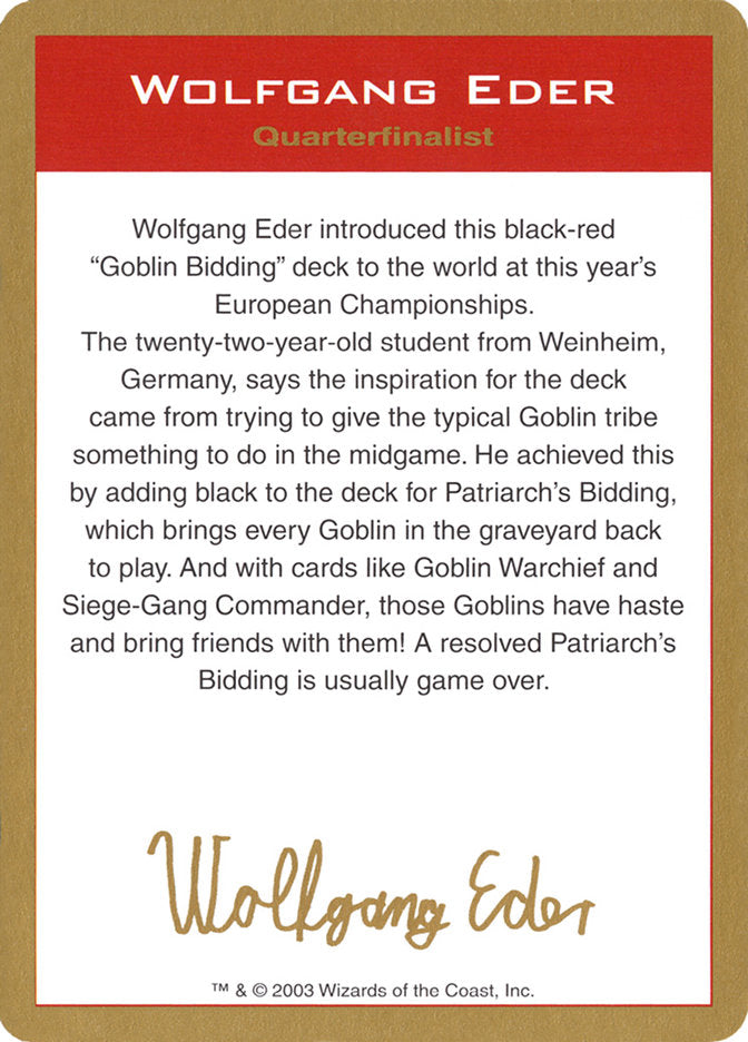 Wolfgang Eder Bio [World Championship Decks 2003] | Galaxy Games LLC