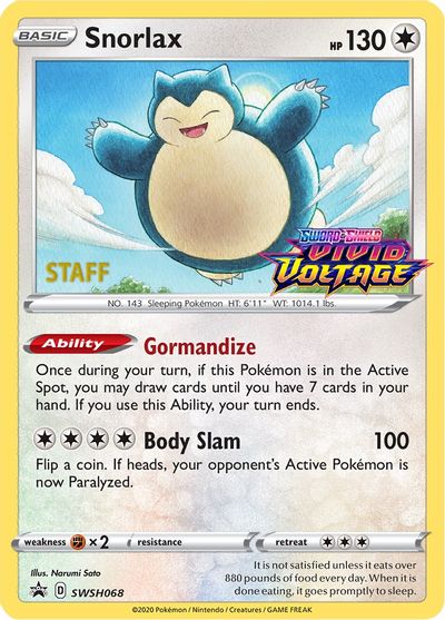 Snorlax (SWSH068) (Staff Prerelease Promo) [Sword & Shield: Black Star Promos] | Galaxy Games LLC