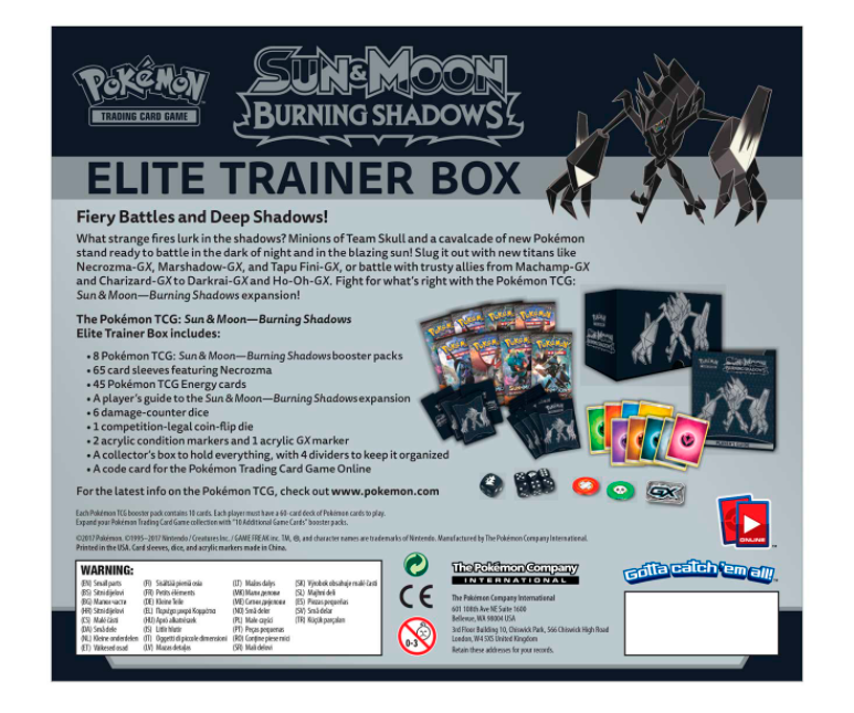 Sun & Moon: Burning Shadows - Elite Trainer Box | Galaxy Games LLC