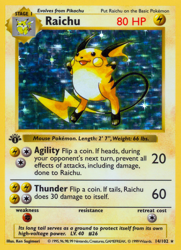 Raichu (14/102) (Shadowless) [Base Set 1st Edition] | Galaxy Games LLC