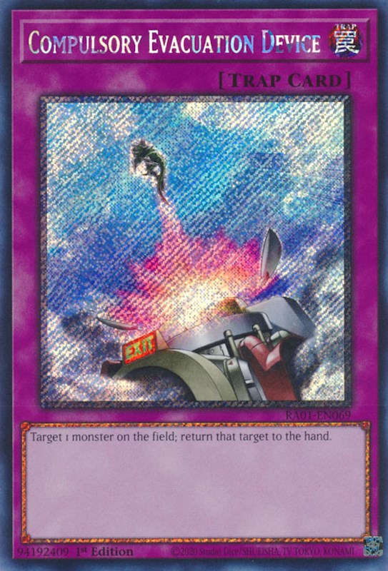 Compulsory Evacuation Device [RA01-EN069] Platinum Secret Rare | Galaxy Games LLC