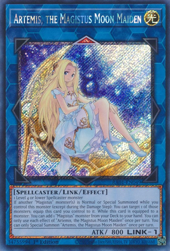 Artemis, the Magistus Moon Maiden [RA01-EN049] Platinum Secret Rare | Galaxy Games LLC