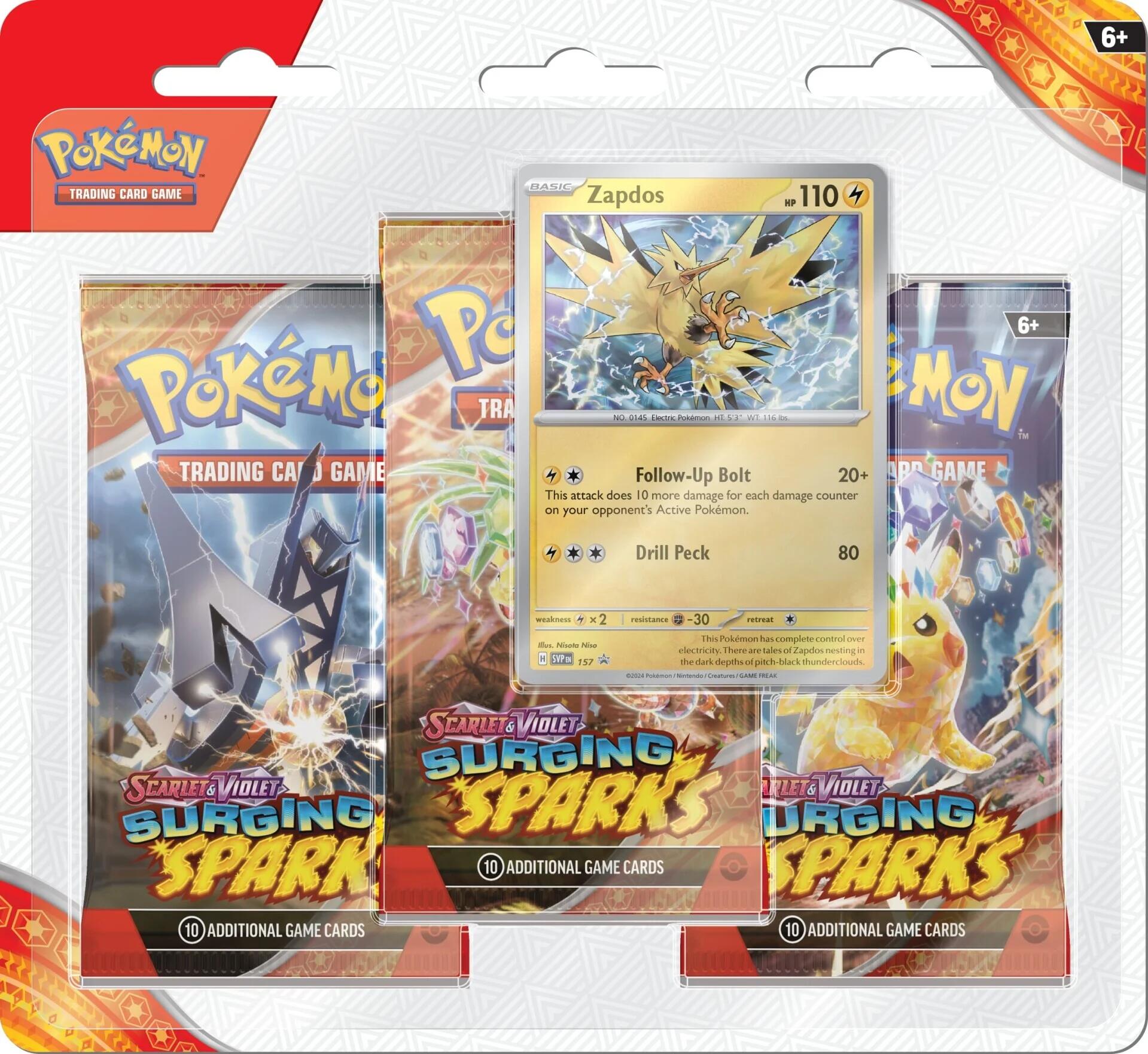 Scarlet & Violet: Surging Sparks - 3 Pack Blisters (Zapdos) | Galaxy Games LLC