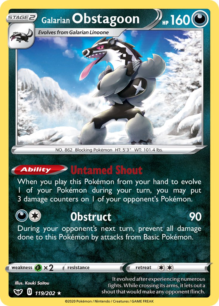 Galarian Obstagoon (119/202) (Theme Deck Exclusive) [Sword & Shield: Base Set] | Galaxy Games LLC