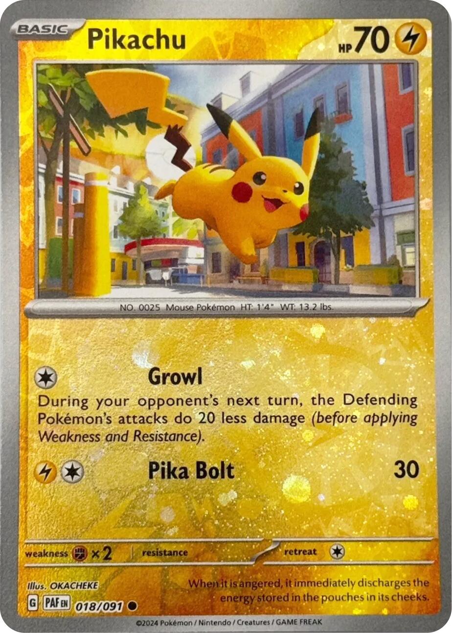 Pikachu (018/091) (Reverse Cosmos Holo) [Scarlet & Violet: Paldean Fates] | Galaxy Games LLC