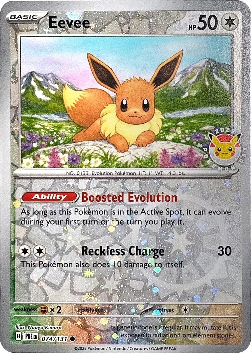 Eevee (074/131) (Pokemon Day 2025) (Reverse Cosmos Holo) [Scarlet & Violet: Prismatic Evolutions] | Galaxy Games LLC