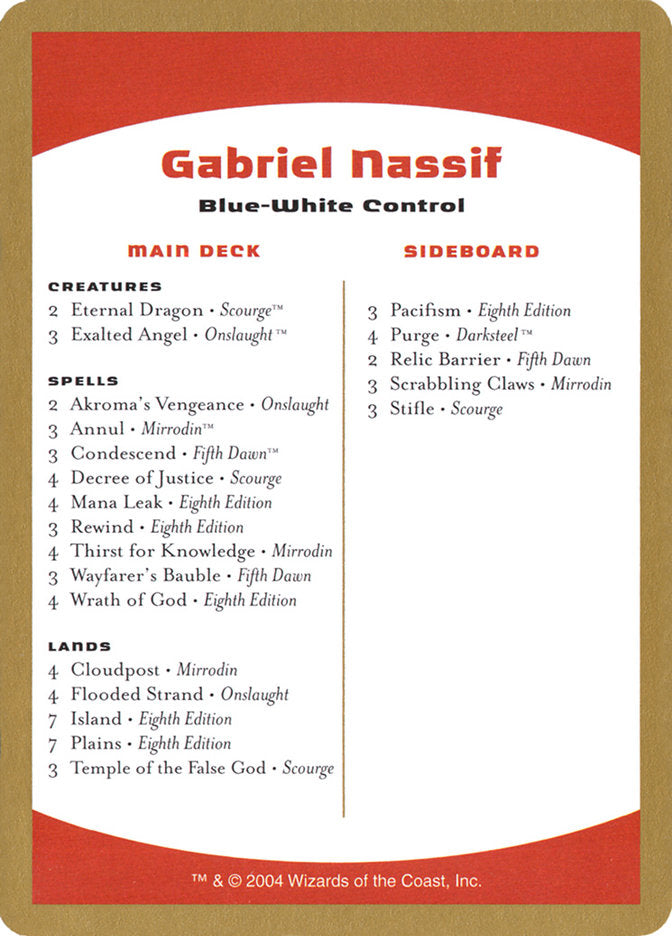 Gabriel Nassif Decklist [World Championship Decks 2004] | Galaxy Games LLC