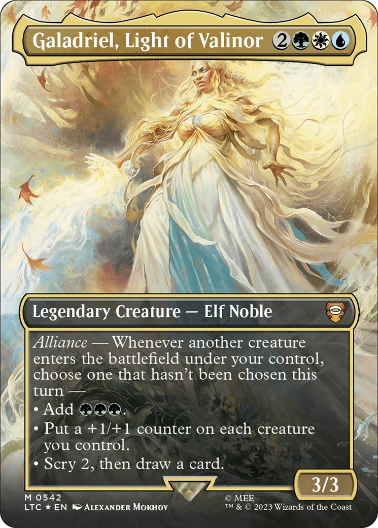 Galadriel, Light of Valinor (Borderless) (Surge Foil) [The Lord of the Rings: Tales of Middle-Earth Commander] | Galaxy Games LLC