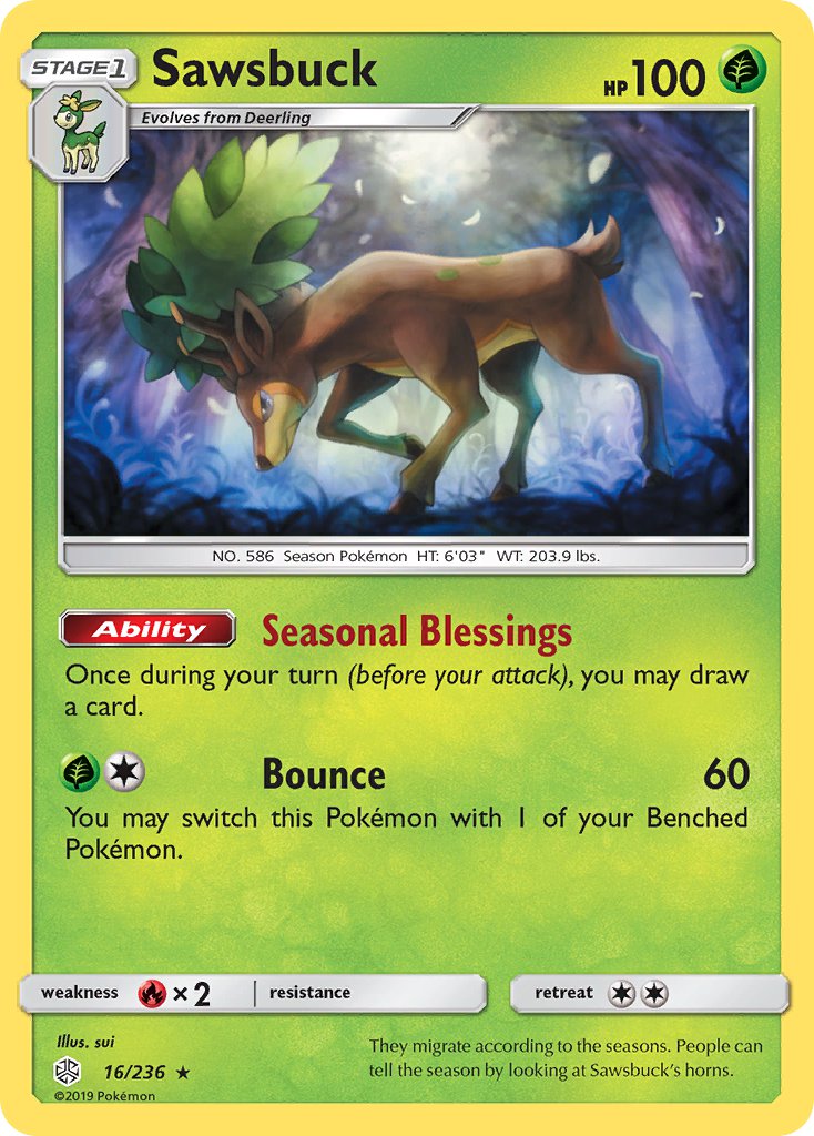 Sawsbuck (16/236) (Prerelease Kit Exclusive) (Theme Deck Exclusive) [Sun & Moon: Cosmic Eclipse] | Galaxy Games LLC