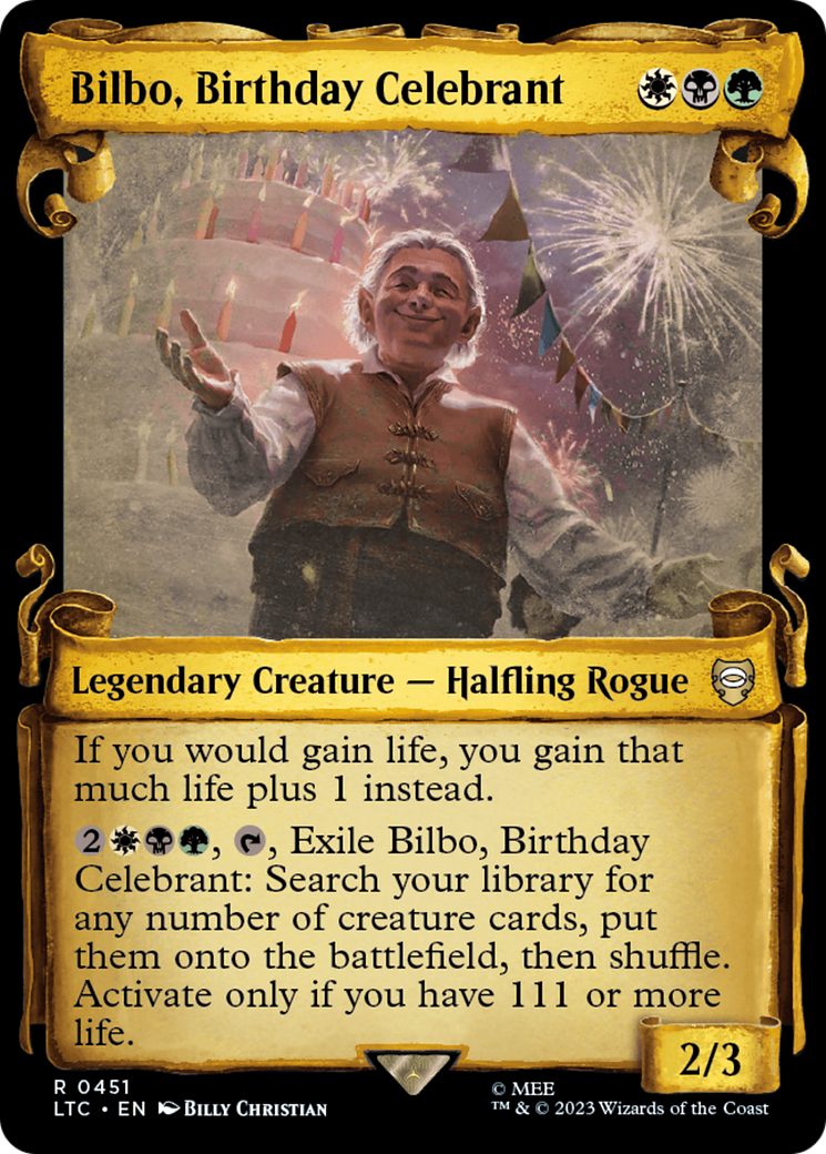 Bilbo, Birthday Celebrant [The Lord of the Rings: Tales of Middle-Earth Commander Showcase Scrolls] | Galaxy Games LLC