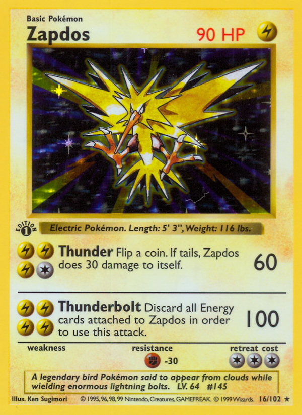 Zapdos (16/102) (Shadowless) [Base Set 1st Edition] | Galaxy Games LLC