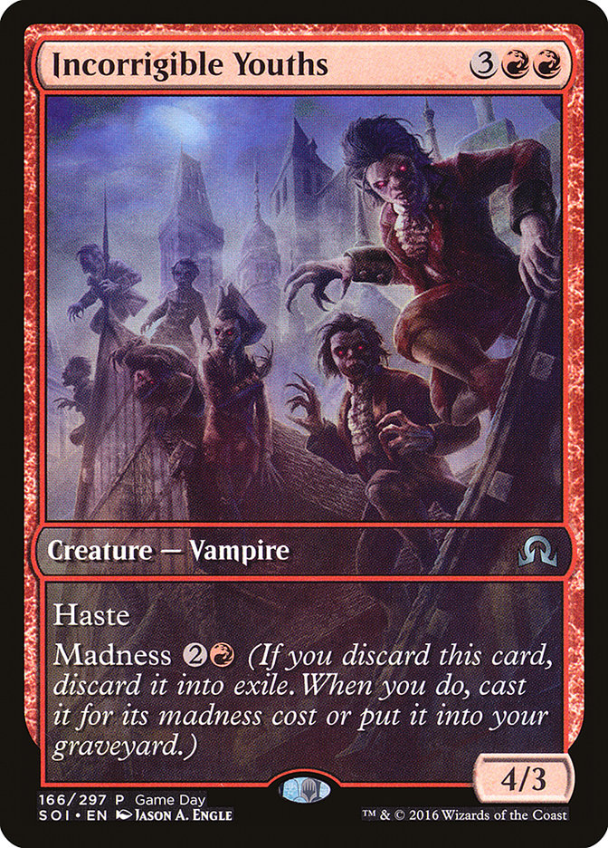 Incorrigible Youths (Game Day) (Extended Art) [Shadows over Innistrad Promos] | Galaxy Games LLC