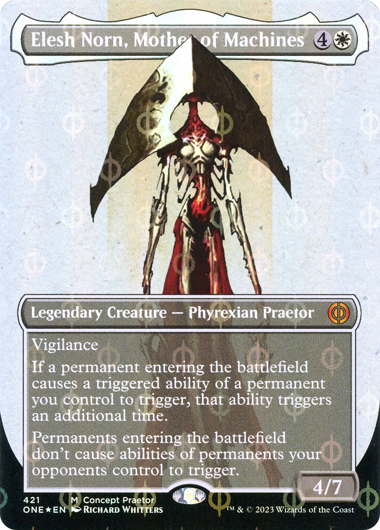 Elesh Norn, Mother of Machines (Borderless Concept Praetors Step-and-Compleat Foil) [Phyrexia: All Will Be One] | Galaxy Games LLC
