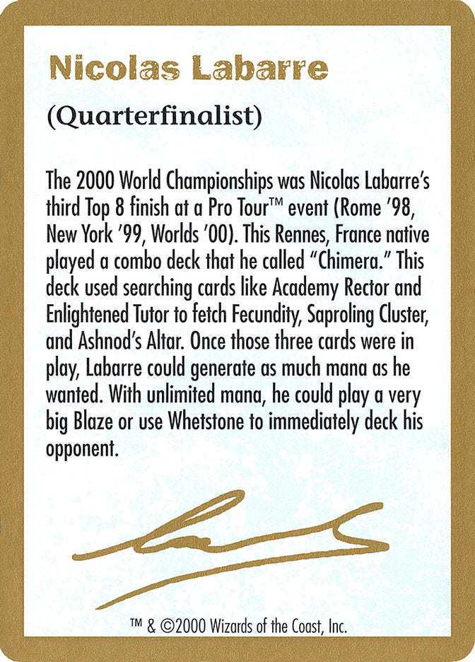 Nicolas Labarre Bio [World Championship Decks 2000] | Galaxy Games LLC