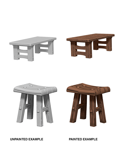 WizKids Deep Cuts Unpainted Miniatures: Wooden Table & Stools | Galaxy Games LLC