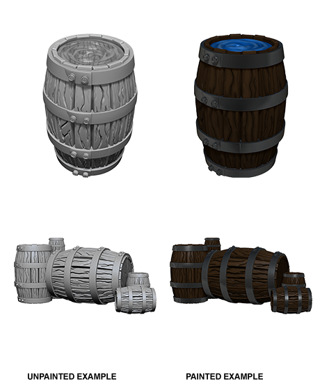 WizKids Deep Cuts Unpainted Miniatures: Barrels & Pile of Barrels | Galaxy Games LLC