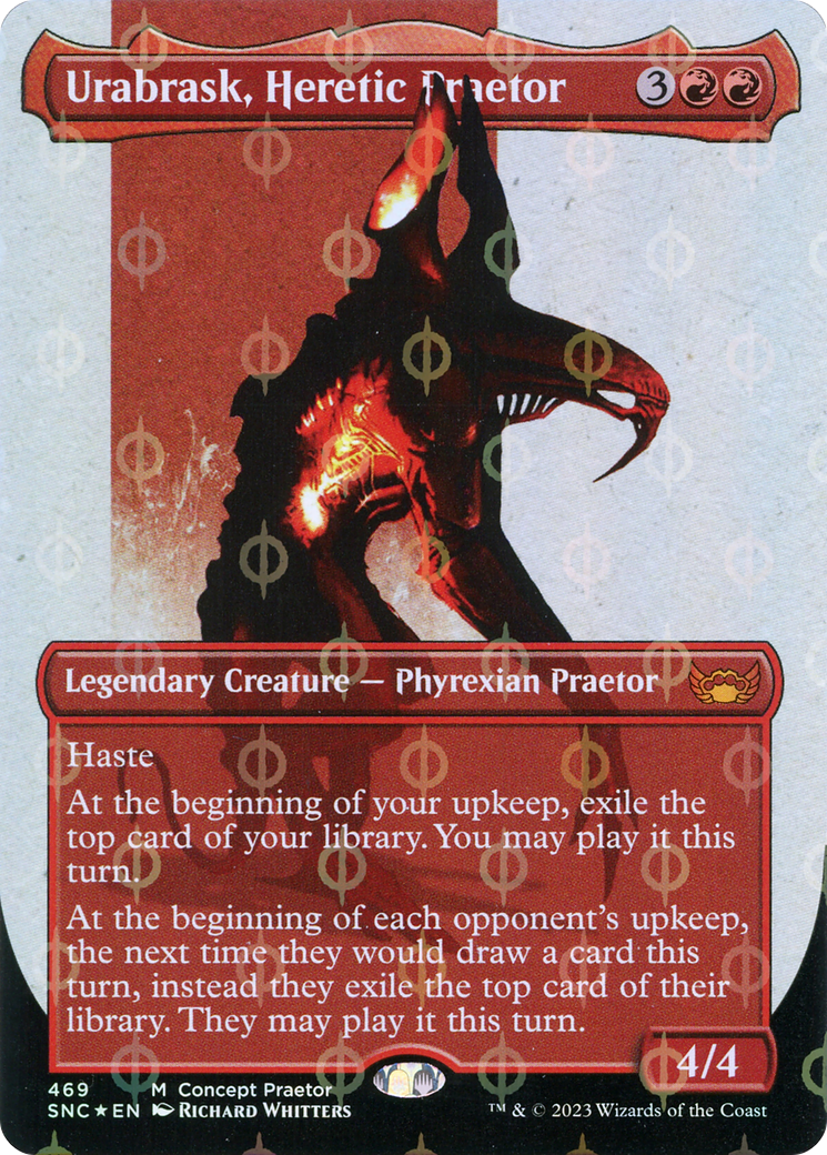 Urabrask, Heretic Praetor (Borderless Concept Praetors Step-and-Compleat Foil) [Phyrexia: All Will Be One] | Galaxy Games LLC