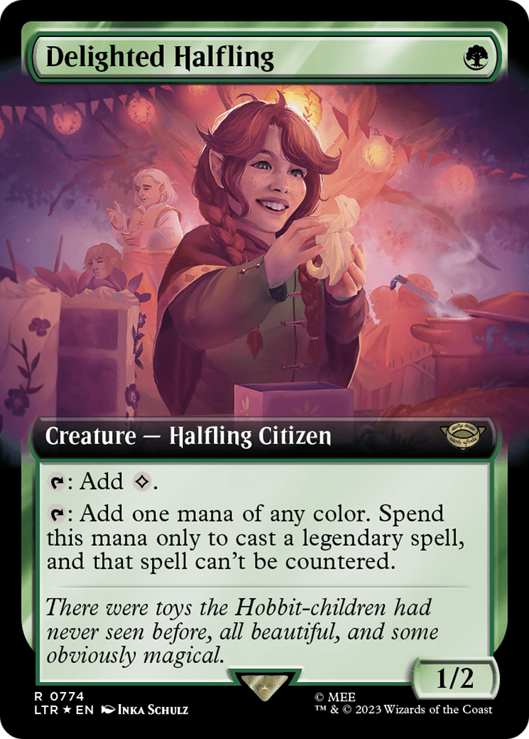 Delighted Halfling (Extended Art) (Surge Foil) [The Lord of the Rings: Tales of Middle-Earth] | Galaxy Games LLC