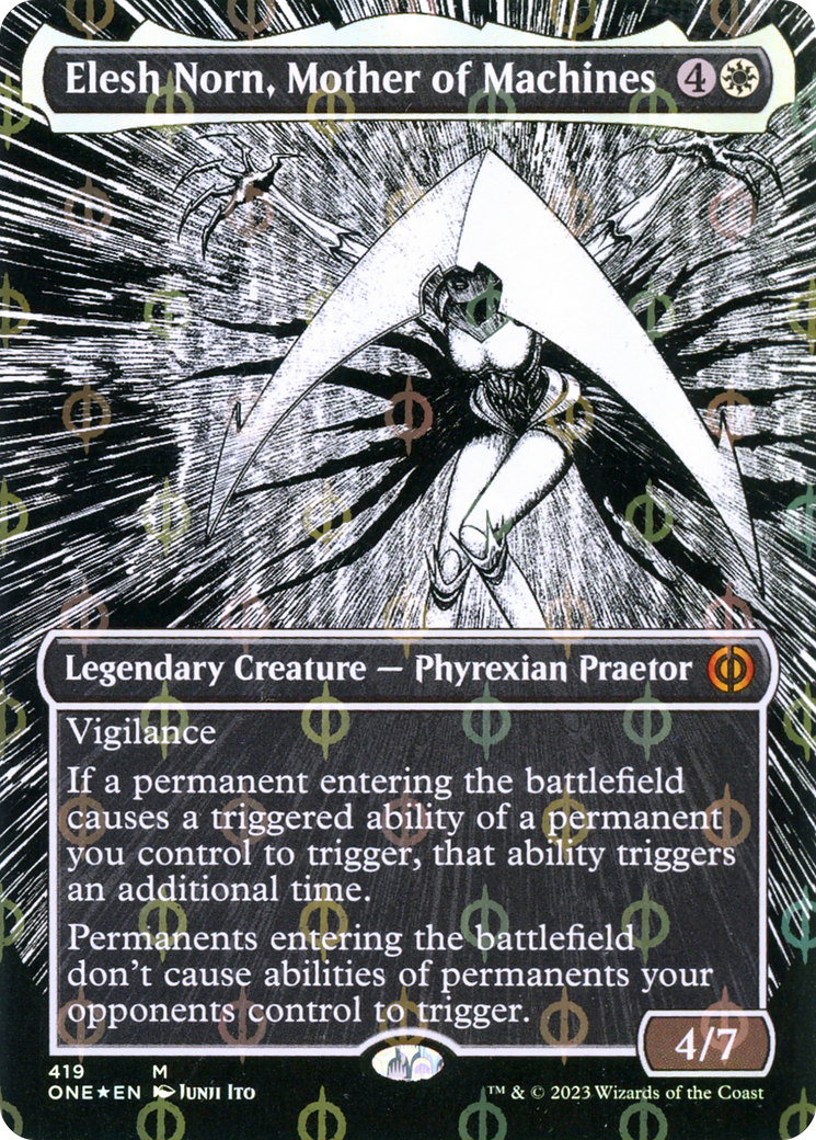 Elesh Norn, Mother of Machines (Borderless Manga Step-and-Compleat Foil) [Phyrexia: All Will Be One] | Galaxy Games LLC