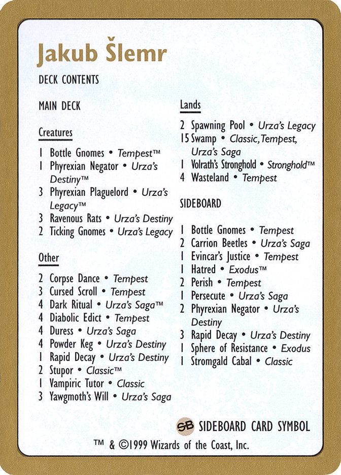 Jakub Slemr Decklist [World Championship Decks 1999] | Galaxy Games LLC