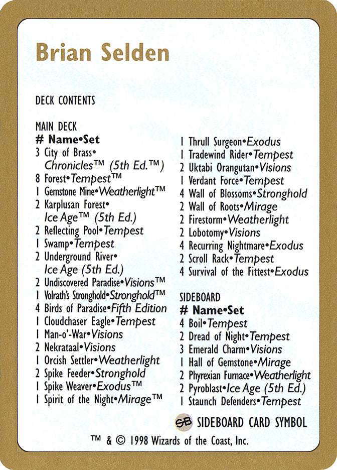 Brian Selden Decklist [World Championship Decks 1998] | Galaxy Games LLC
