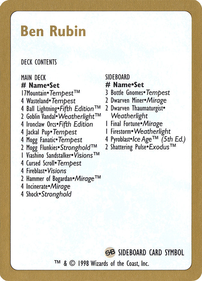 Ben Rubin Decklist [World Championship Decks 1998] | Galaxy Games LLC