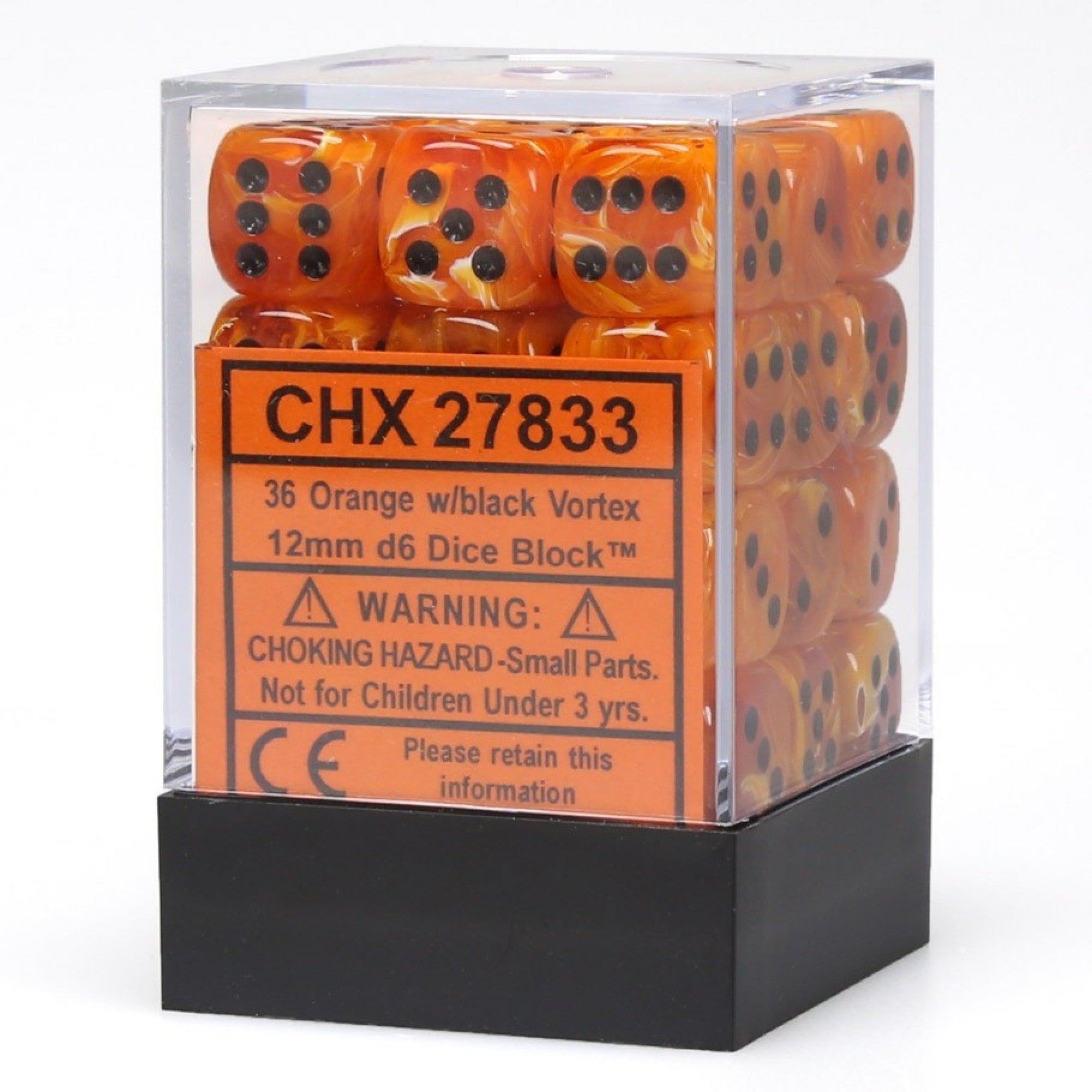Chessex: D6 Vortex Orange w/black - 12mm | Galaxy Games LLC