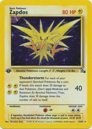 Zapdos (15/62) (Cosmos Holo) [Fossil 1st Edition] | Galaxy Games LLC